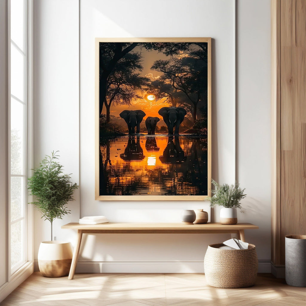 African Sunset Elephant Gathering Wall Art