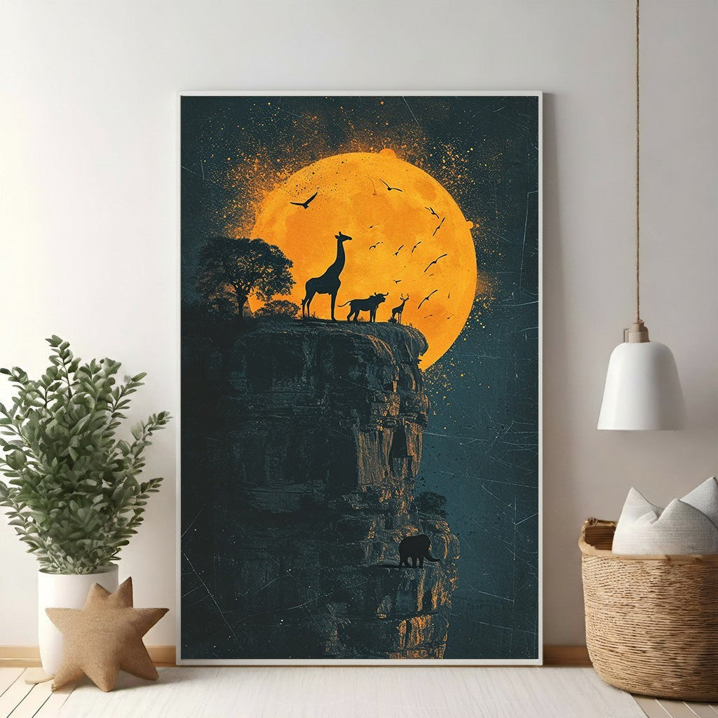 African Wildlife Sunset Silhouette Wall Art