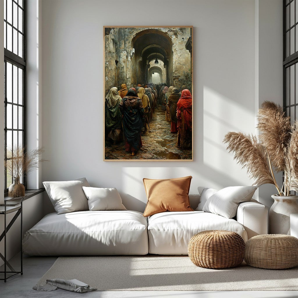 Ancient Procession Through Arched Hallway