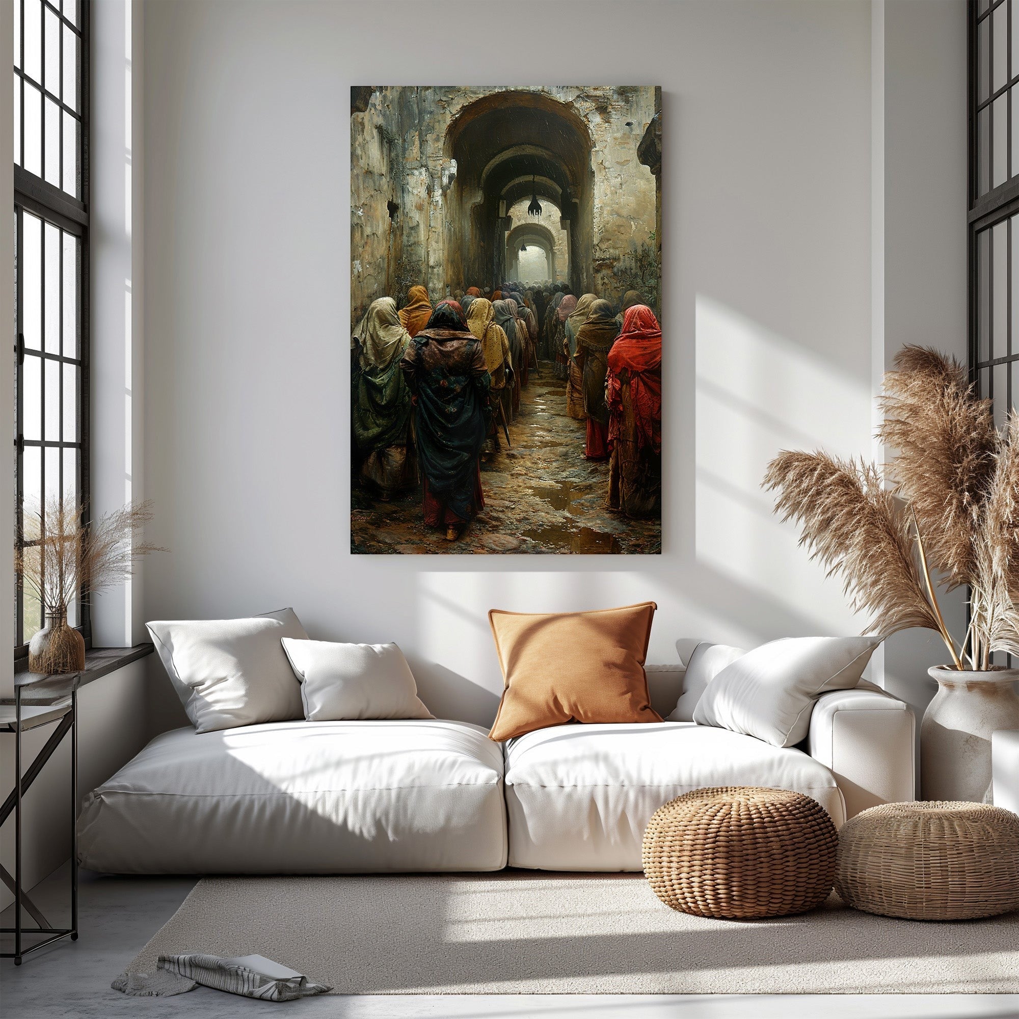 Ancient Procession Through Arched Hallway
