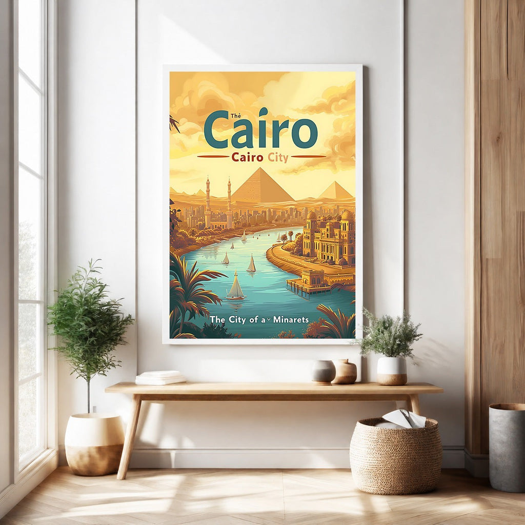 Cairo City Egyptian Pyramids Nile River Vintage Travel Poster