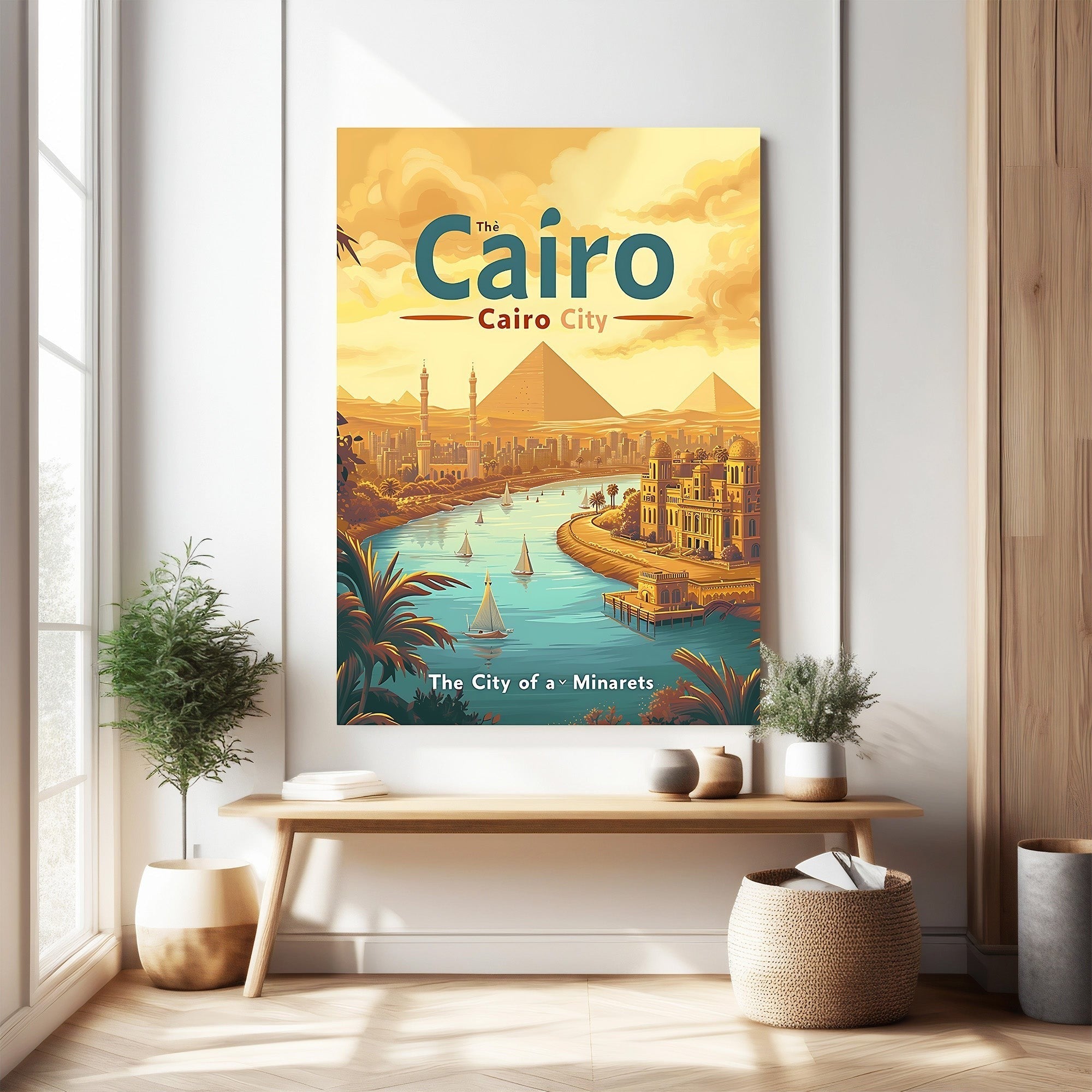 Cairo City Egyptian Pyramids Nile River Vintage Travel Poster