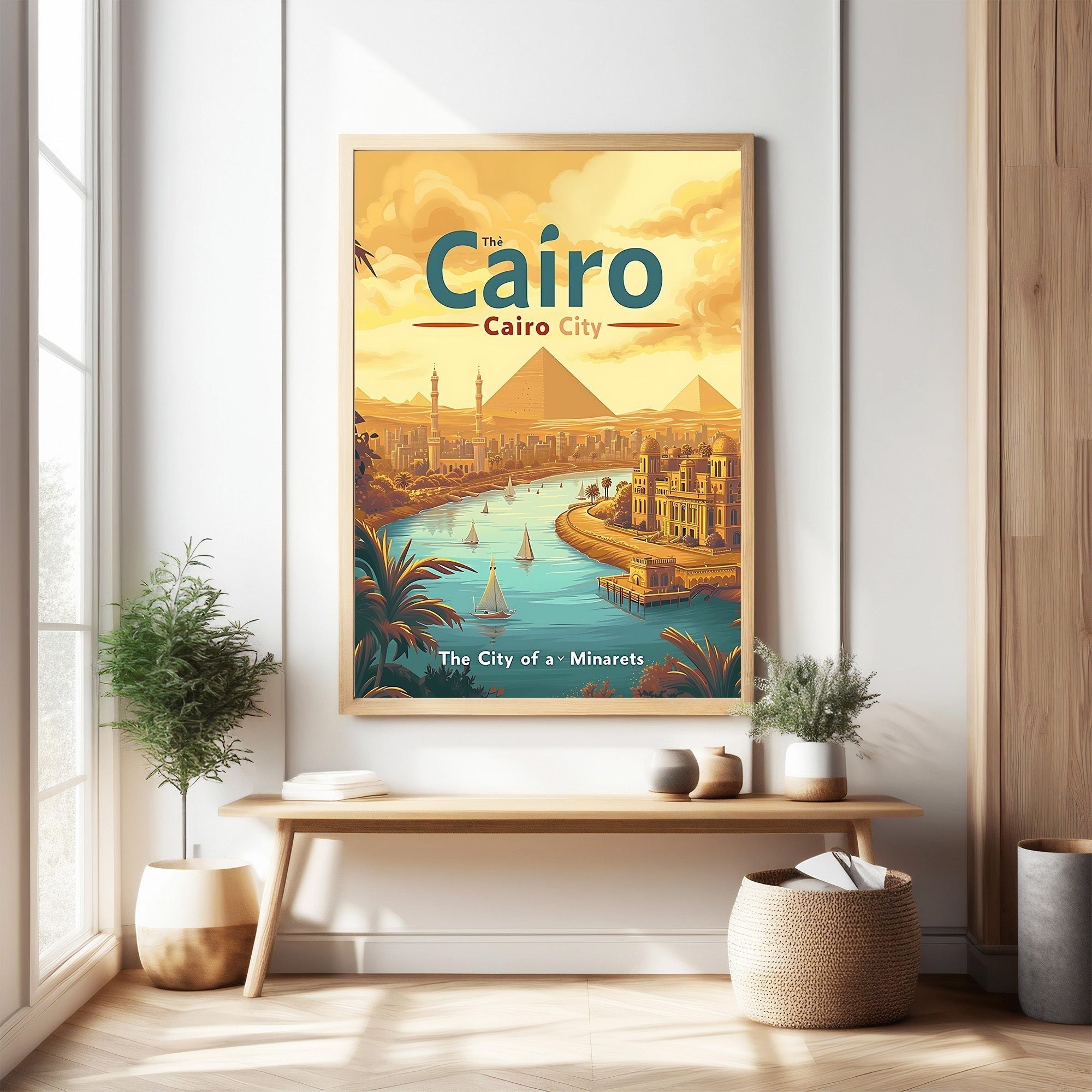 Cairo City Egyptian Pyramids Nile River Vintage Travel Poster
