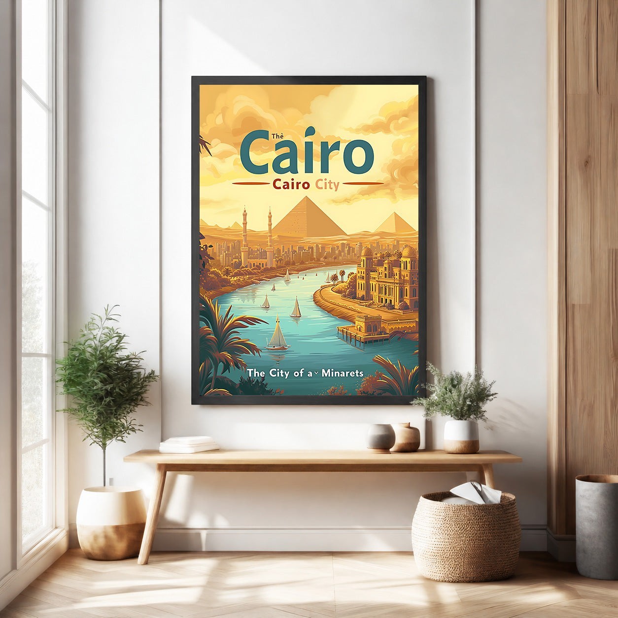 Cairo City Egyptian Pyramids Nile River Vintage Travel Poster