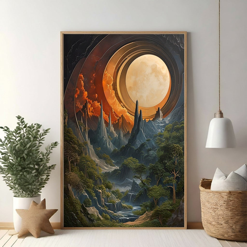 Cosmic Mountain Landscape With Ringed Planet