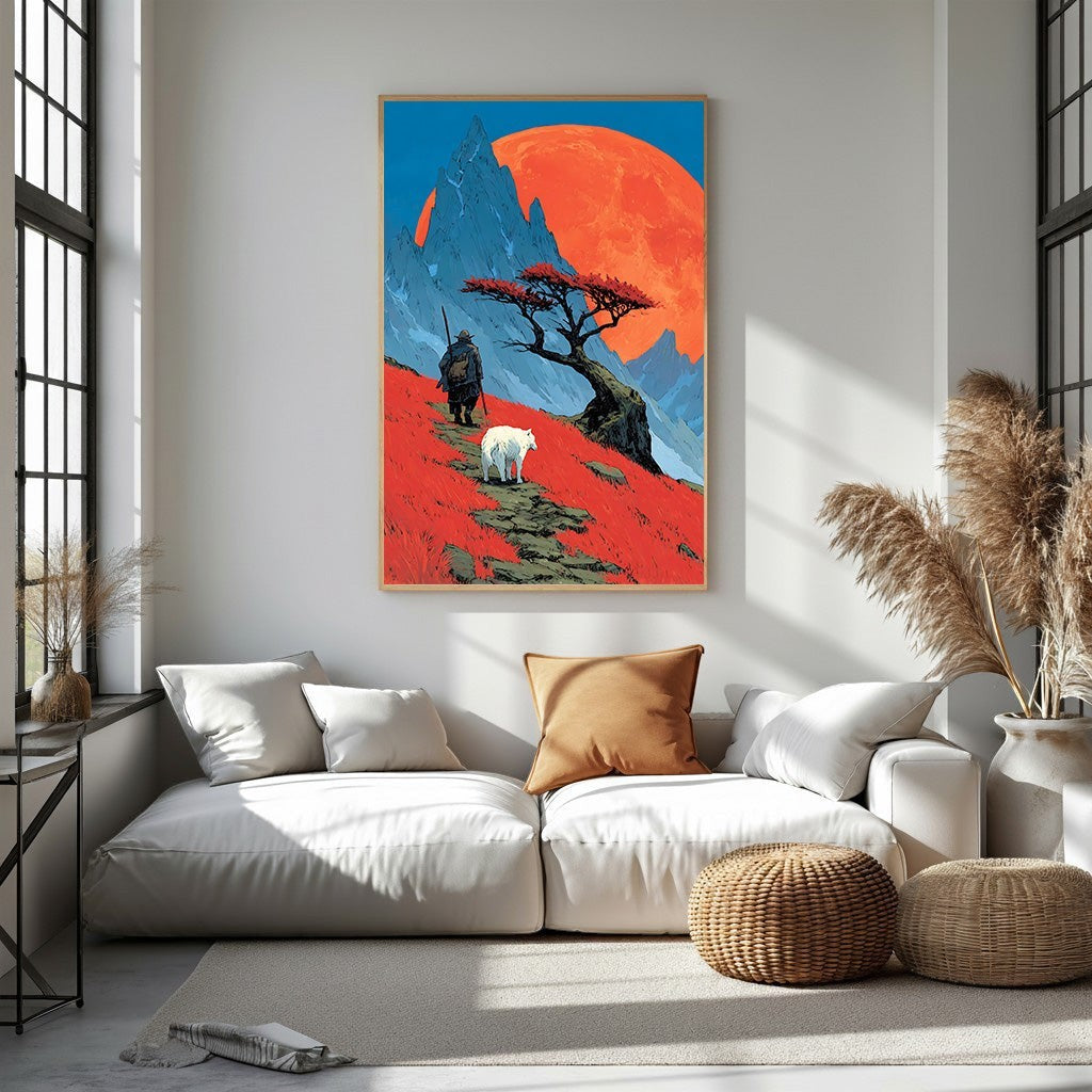 Crimson Landscape With Wolf And Wanderer