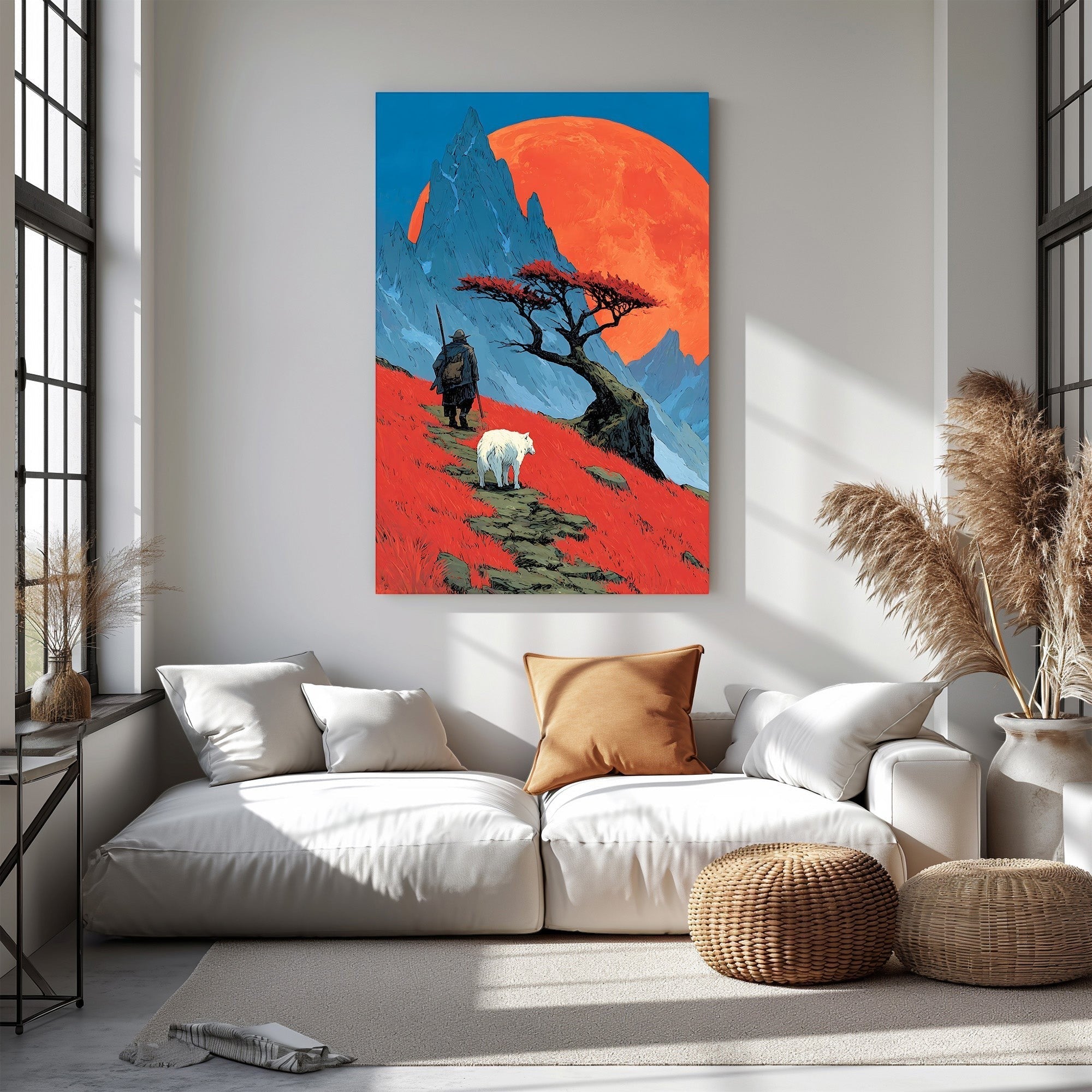 Crimson Landscape With Wolf And Wanderer