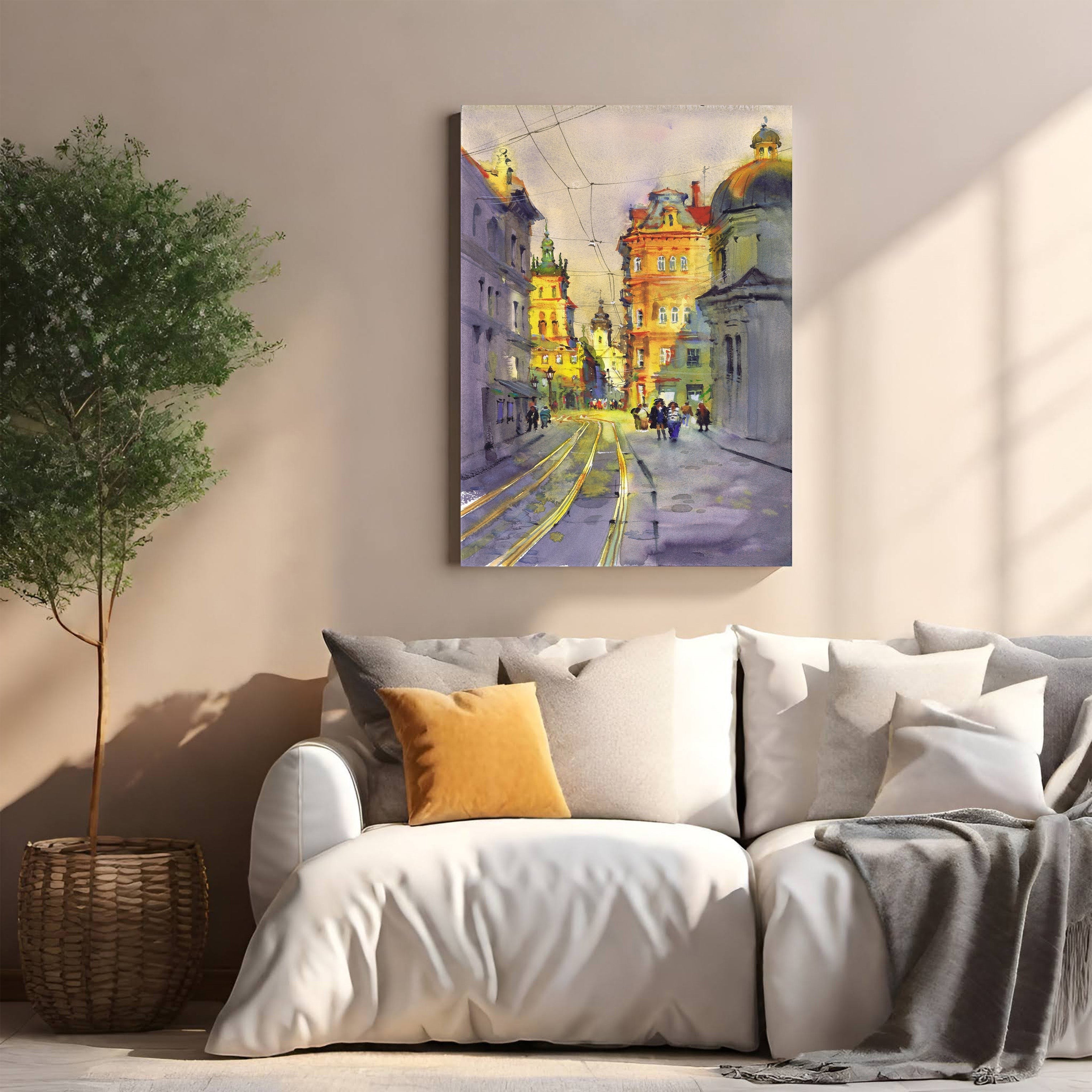 European City Street Watercolor Painting
