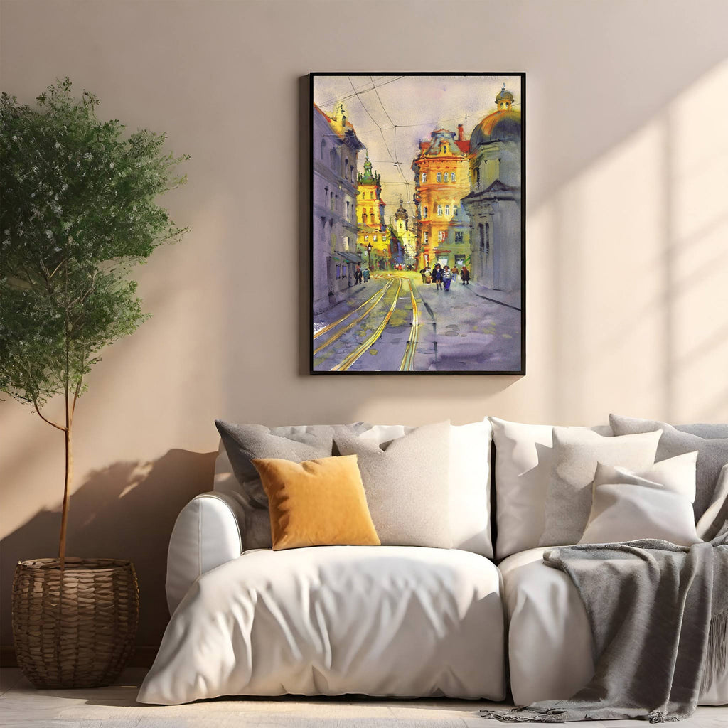 European City Street Watercolor Painting