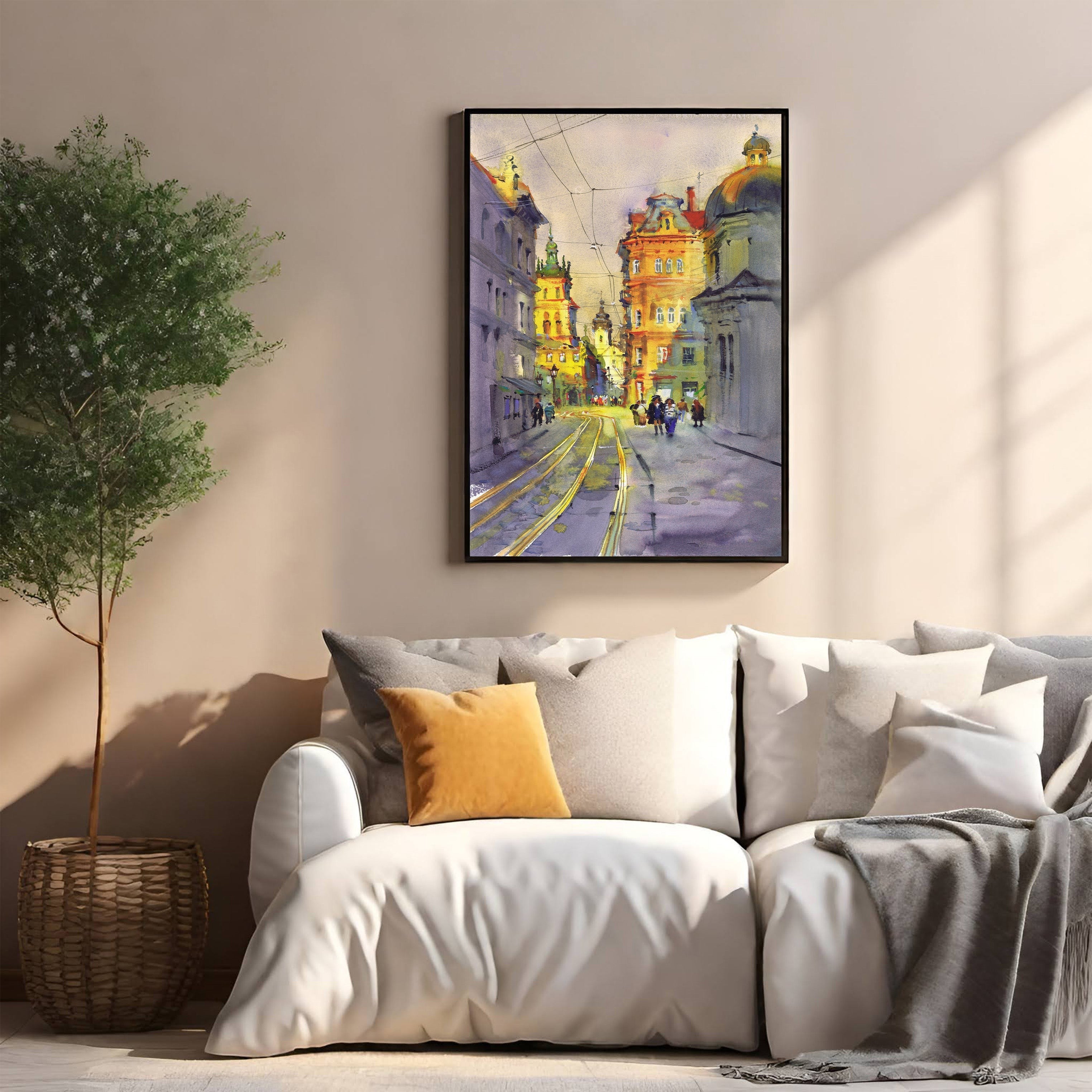 European City Street Watercolor Painting