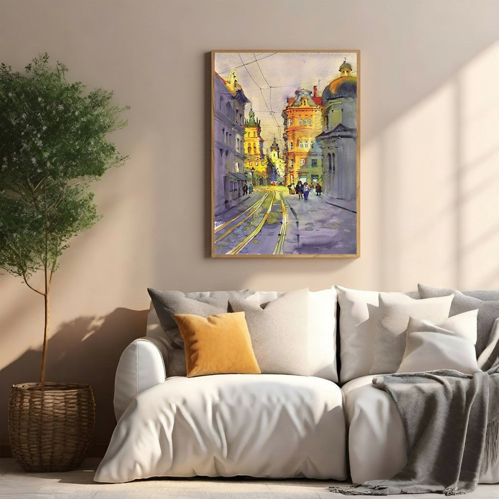 European City Street Watercolor Painting