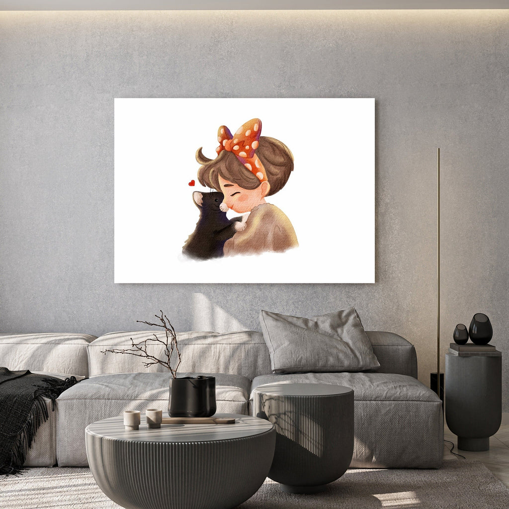 Girl Hugging Black Cat With Red Bow