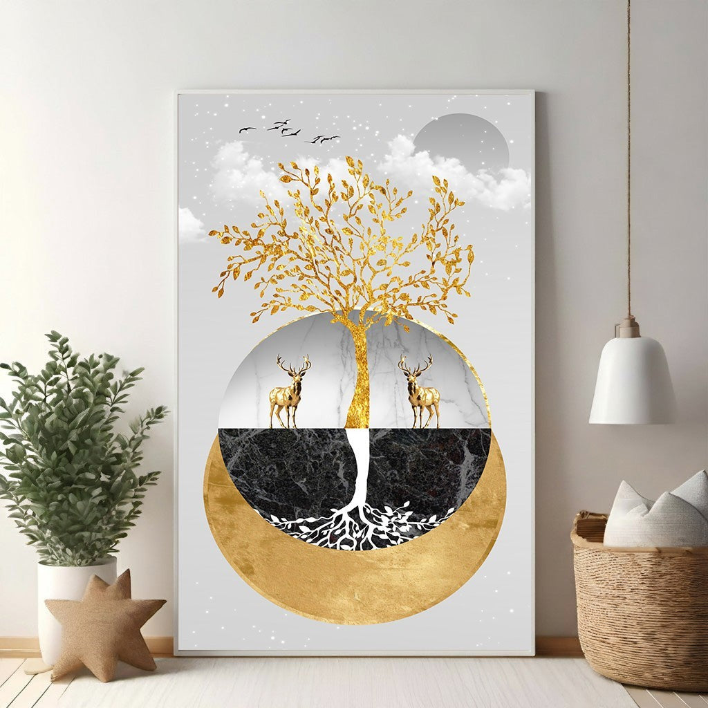Golden Tree Of Life With Deer Wall Art
