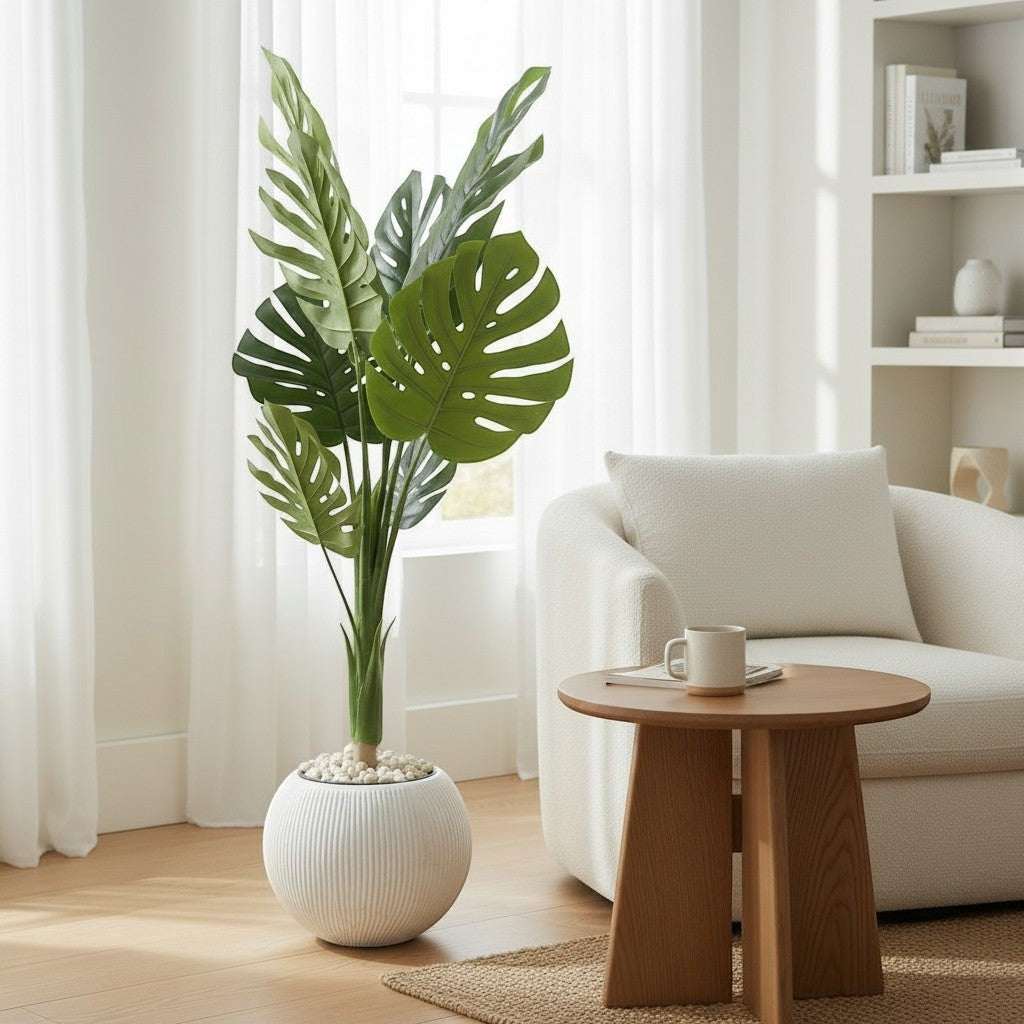Large Faux Monstera Plant In Textured Pot