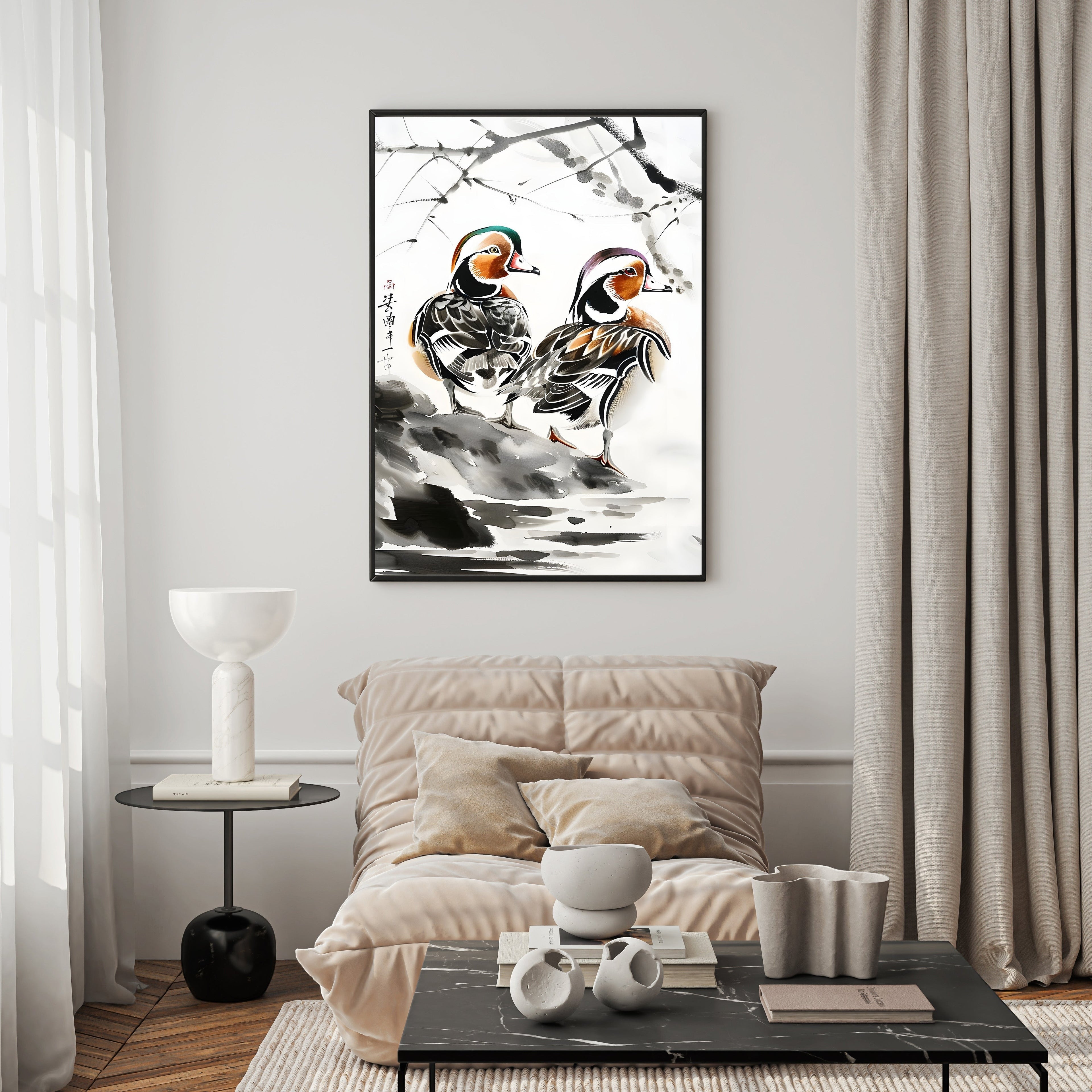 Mandarin Ducks On A Rocky Shore Painting