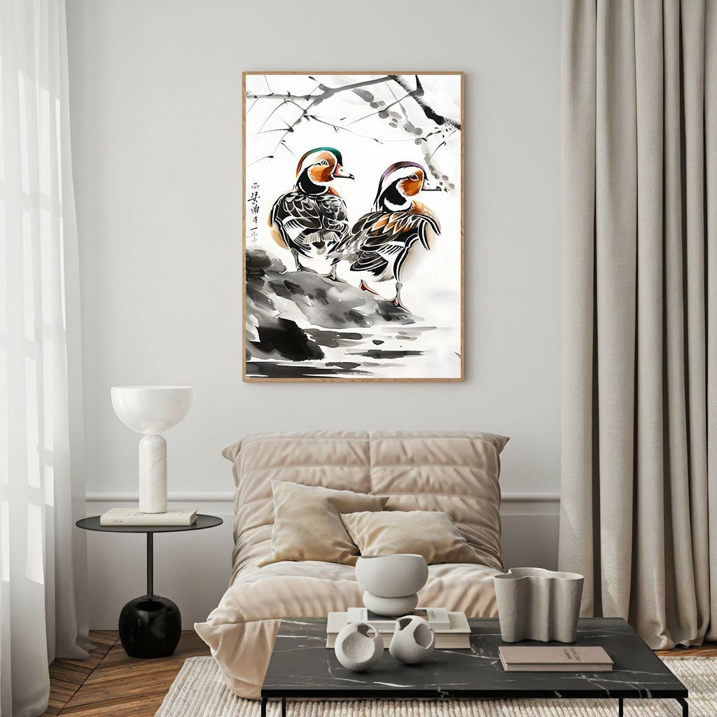 Mandarin Ducks On A Rocky Shore Painting