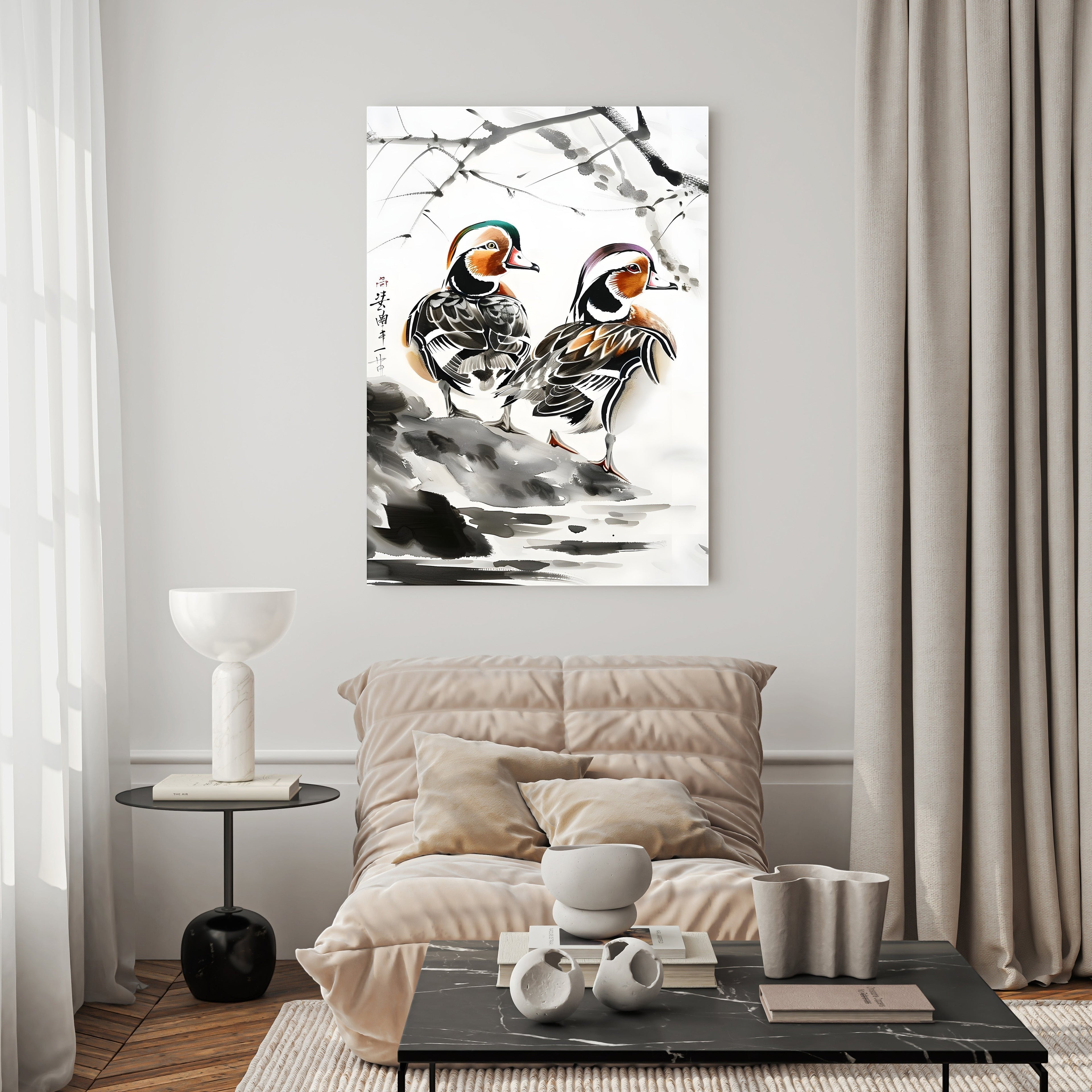 Mandarin Ducks On A Rocky Shore Painting
