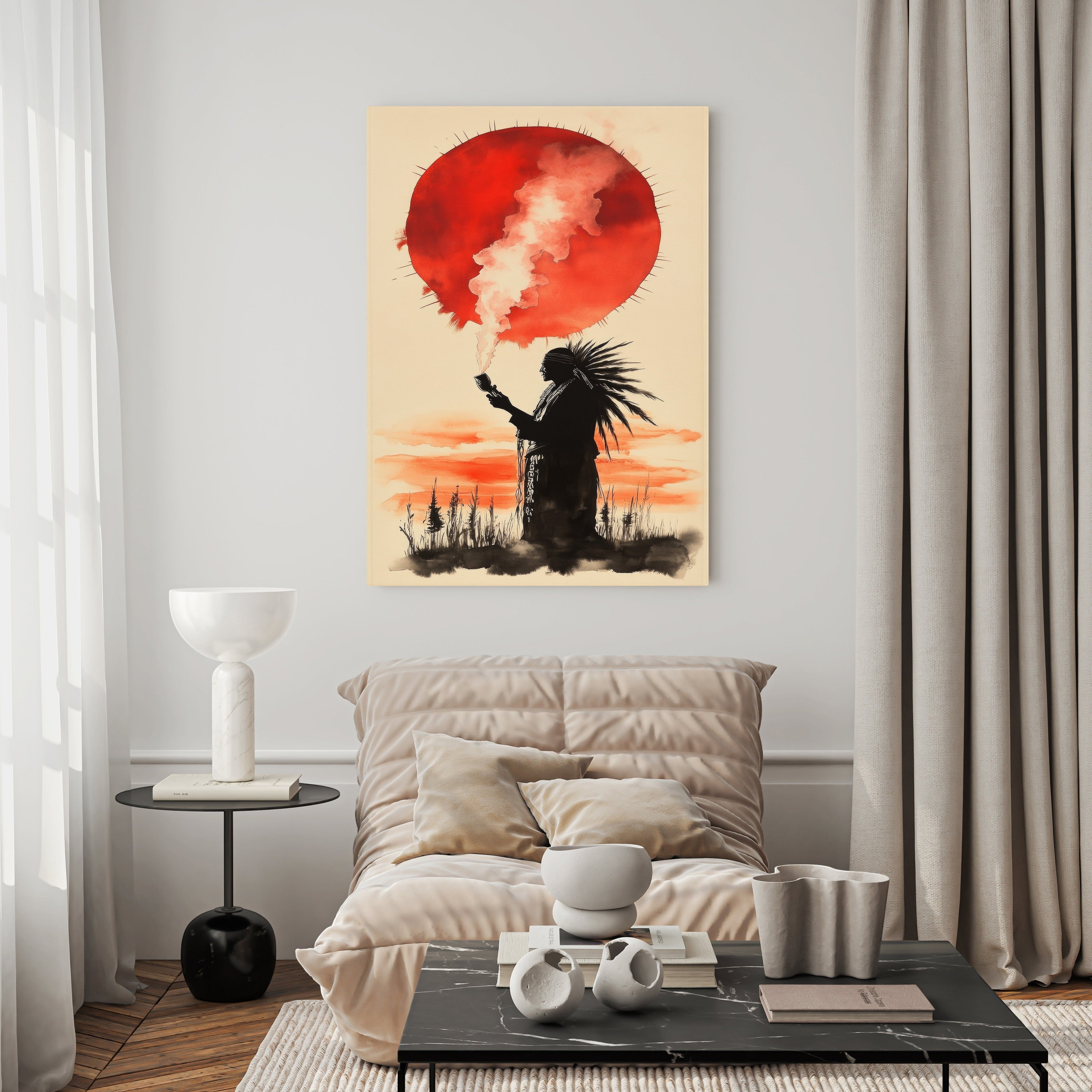 Native American Warrior Under Red Sun
