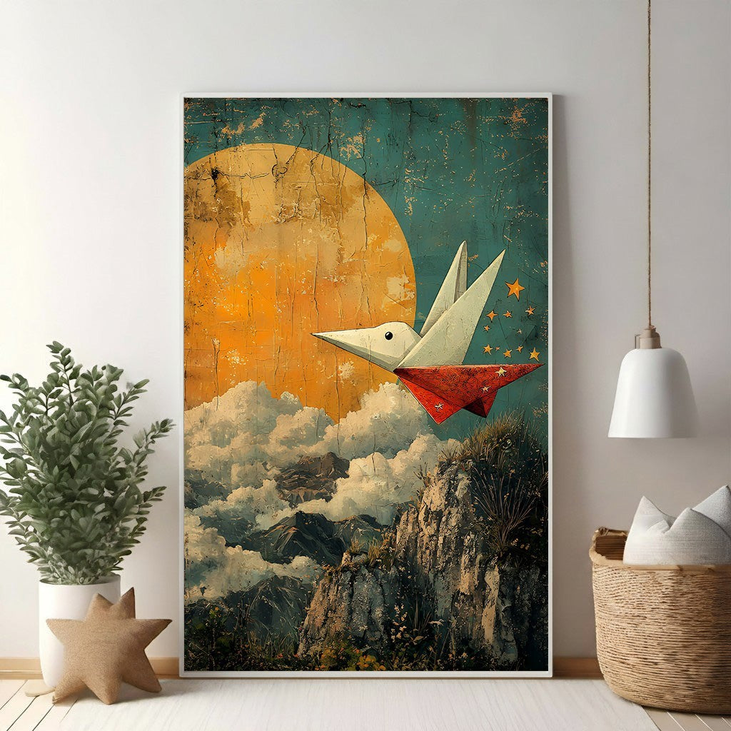 Origami Bird Flying Over Mountains Under The Moon