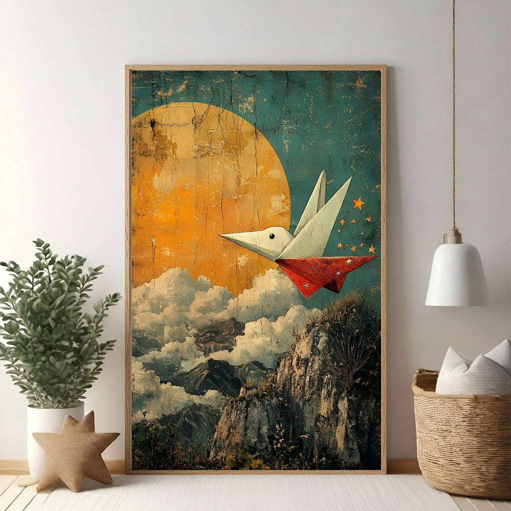 Origami Bird Flying Over Mountains Under The Moon