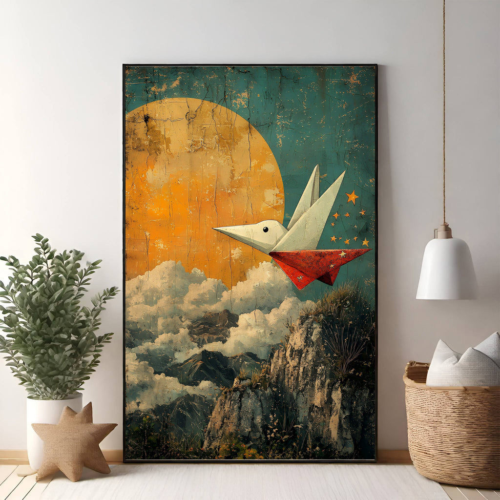 Origami Bird Flying Over Mountains Under The Moon