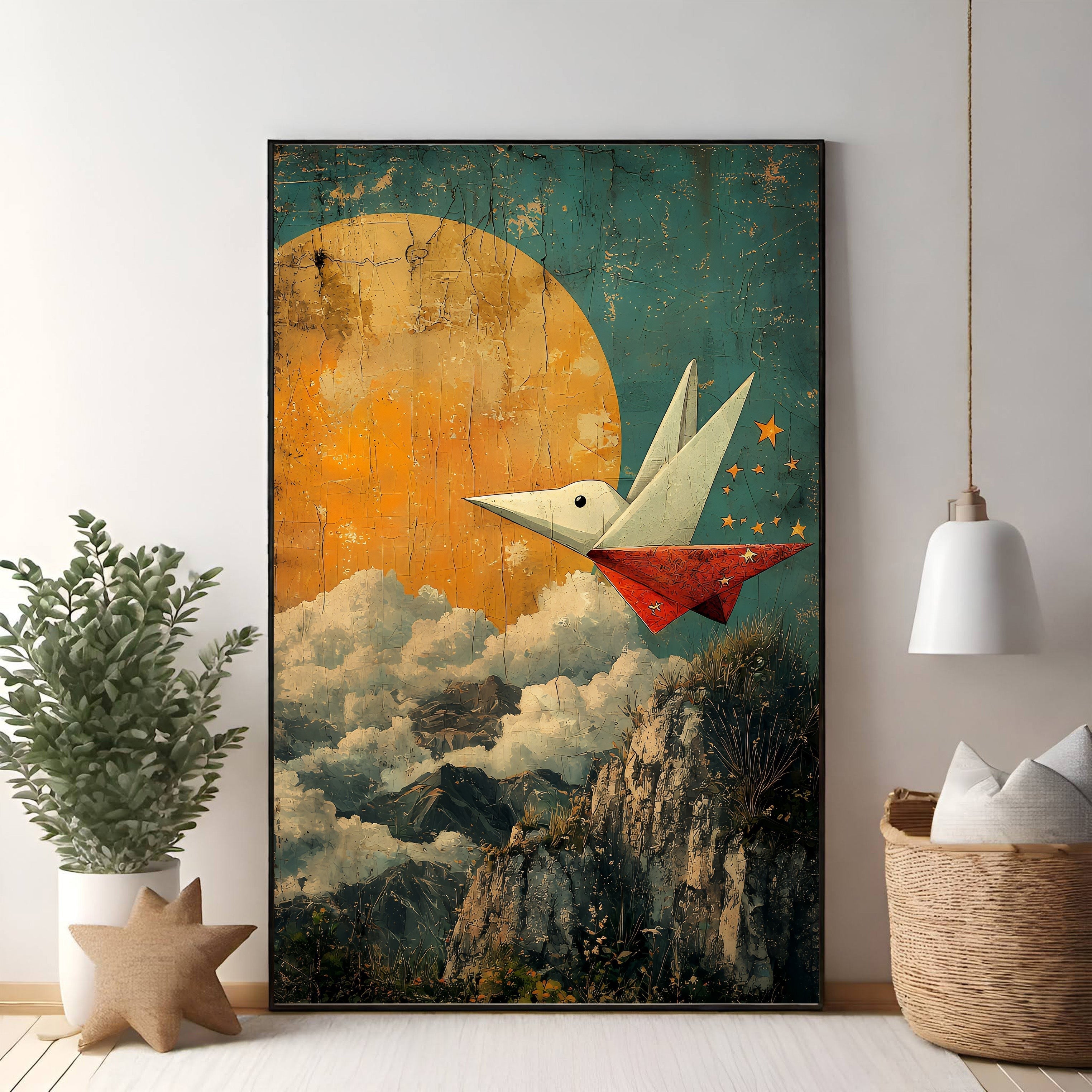 Origami Bird Flying Over Mountains Under The Moon