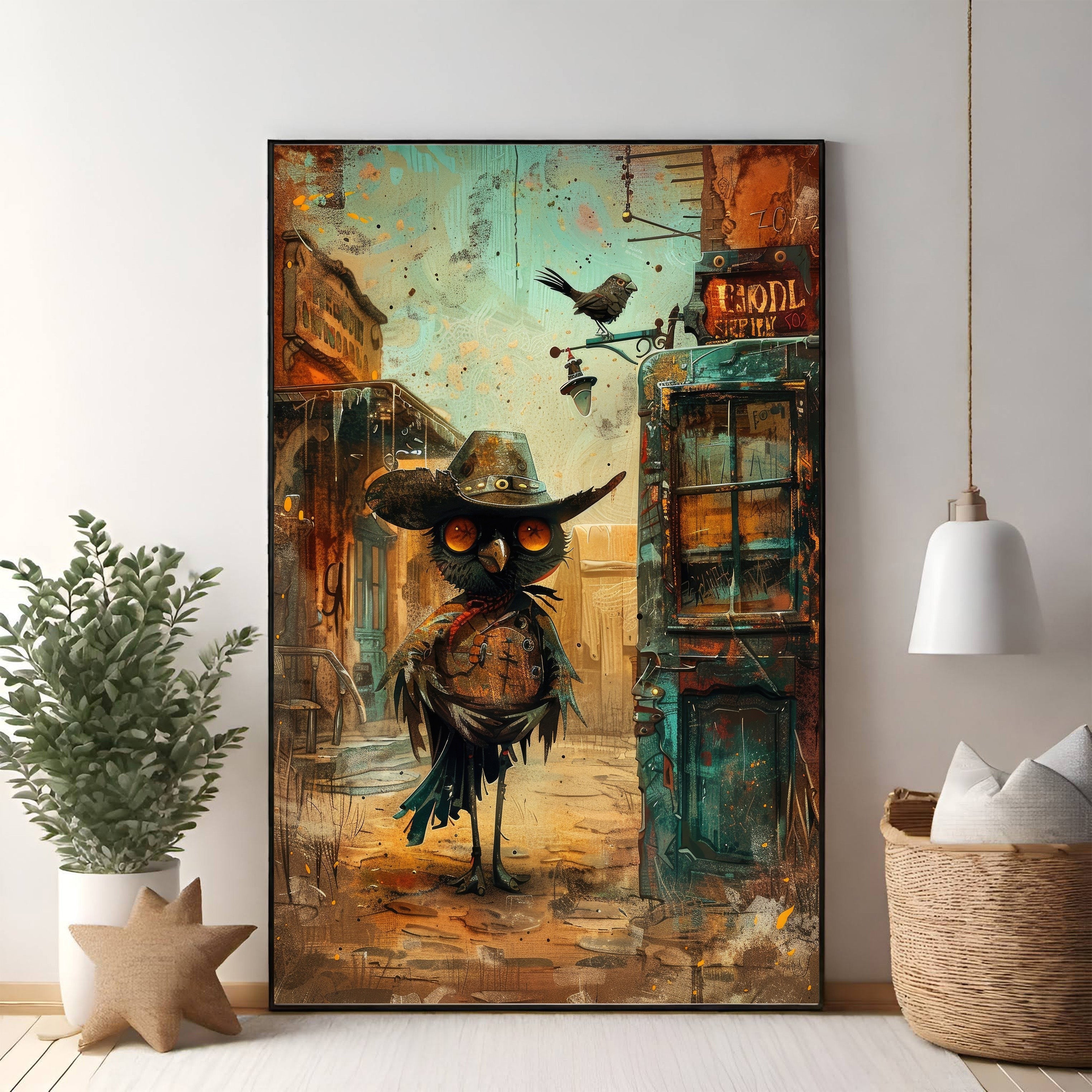 Whimsical Owl Cowboy Western Art Print