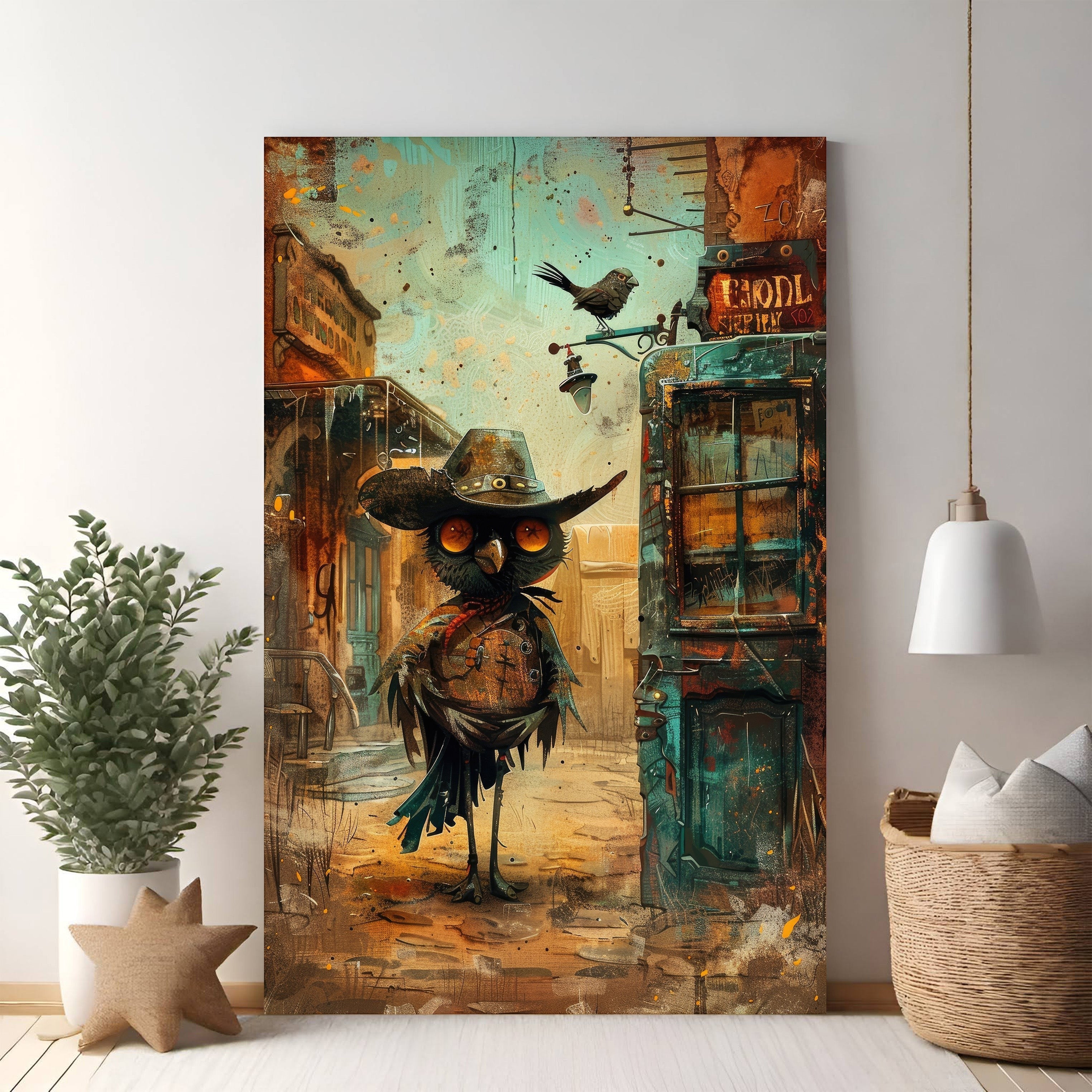 Whimsical Owl Cowboy Western Art Print