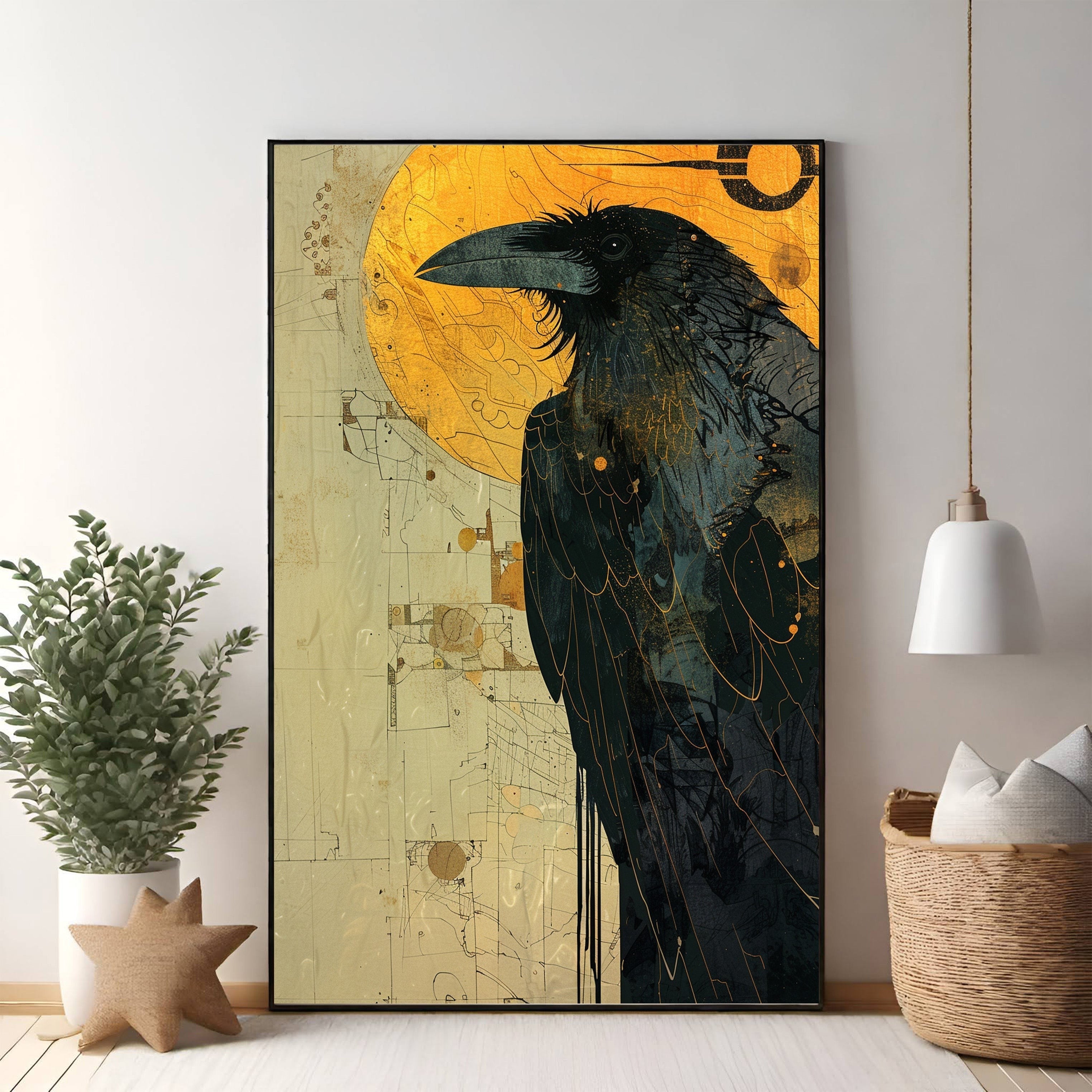 Mysterious Raven With Golden Sun Wall Art