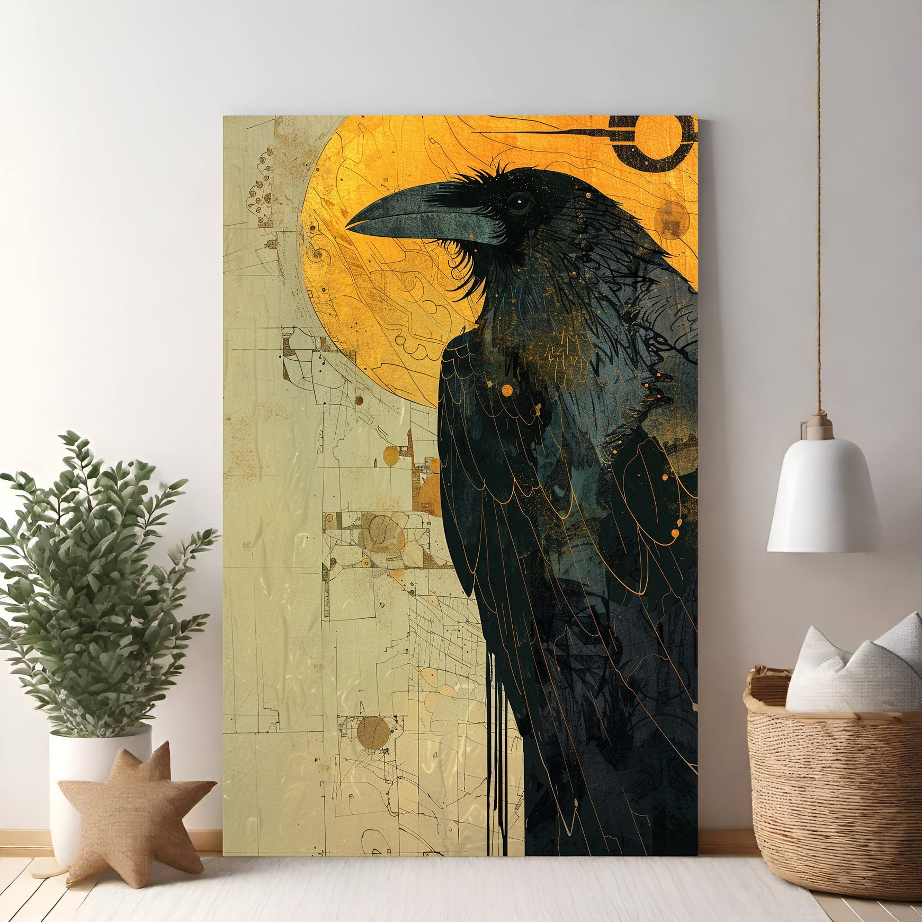 Mysterious Raven With Golden Sun Wall Art