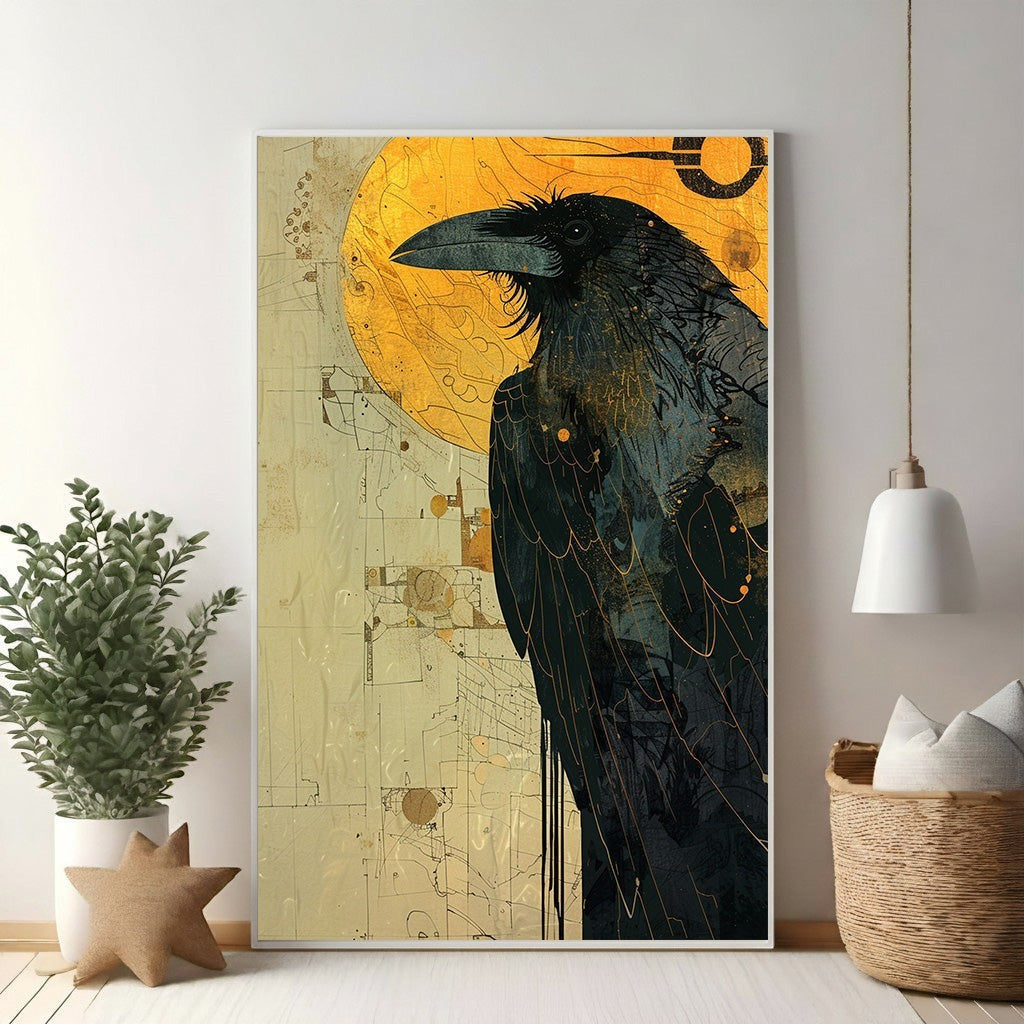 Mysterious Raven With Golden Sun Wall Art