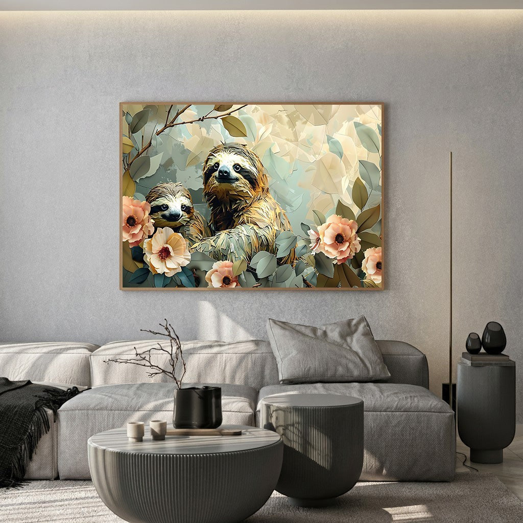 Sloth Family In Floral Garden Wall Art