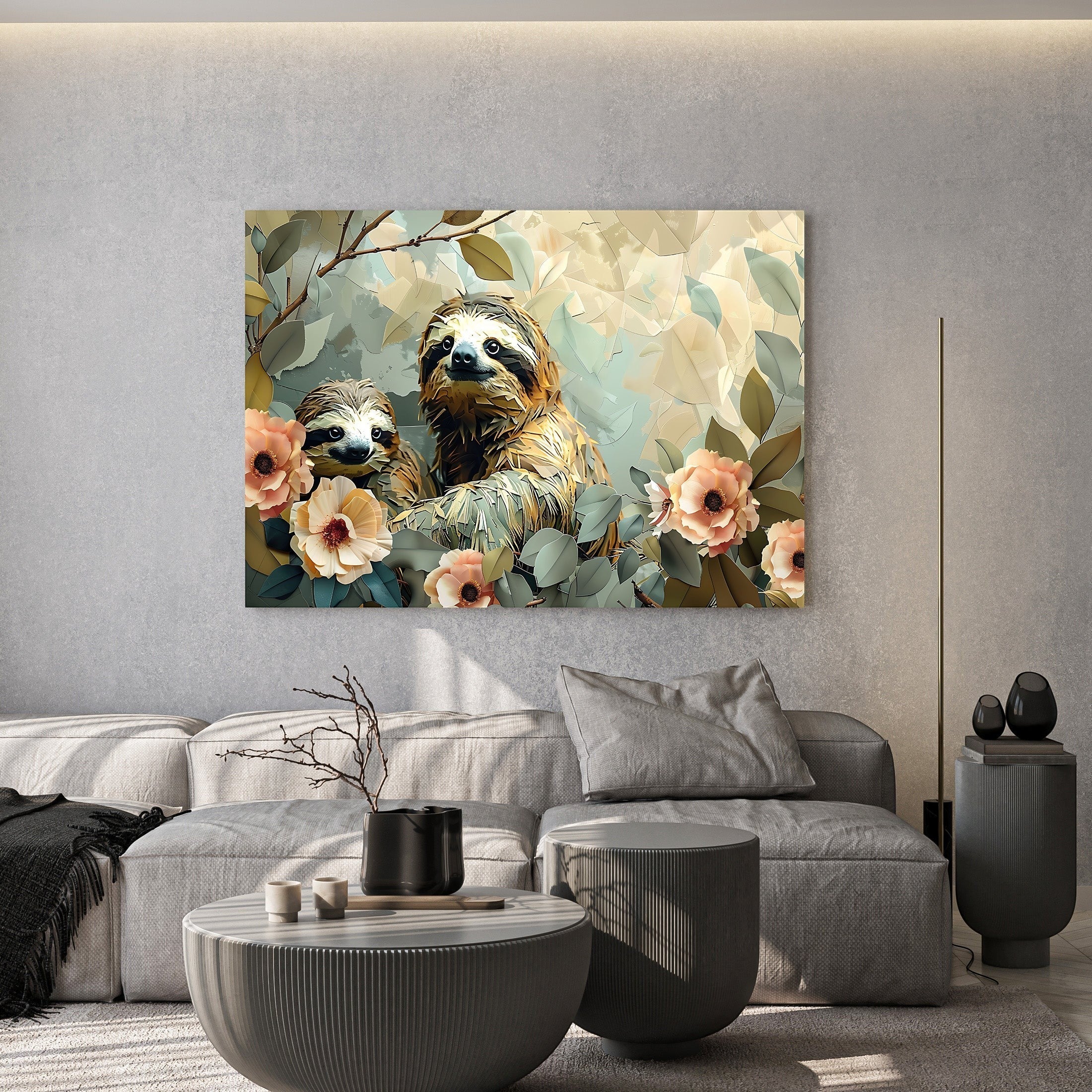 Sloth Family In Floral Garden Wall Art