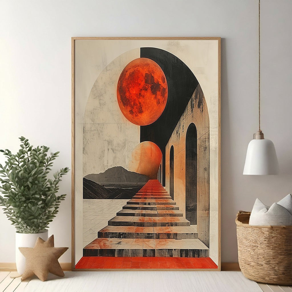 Surreal Archway With Red Moon And Steps