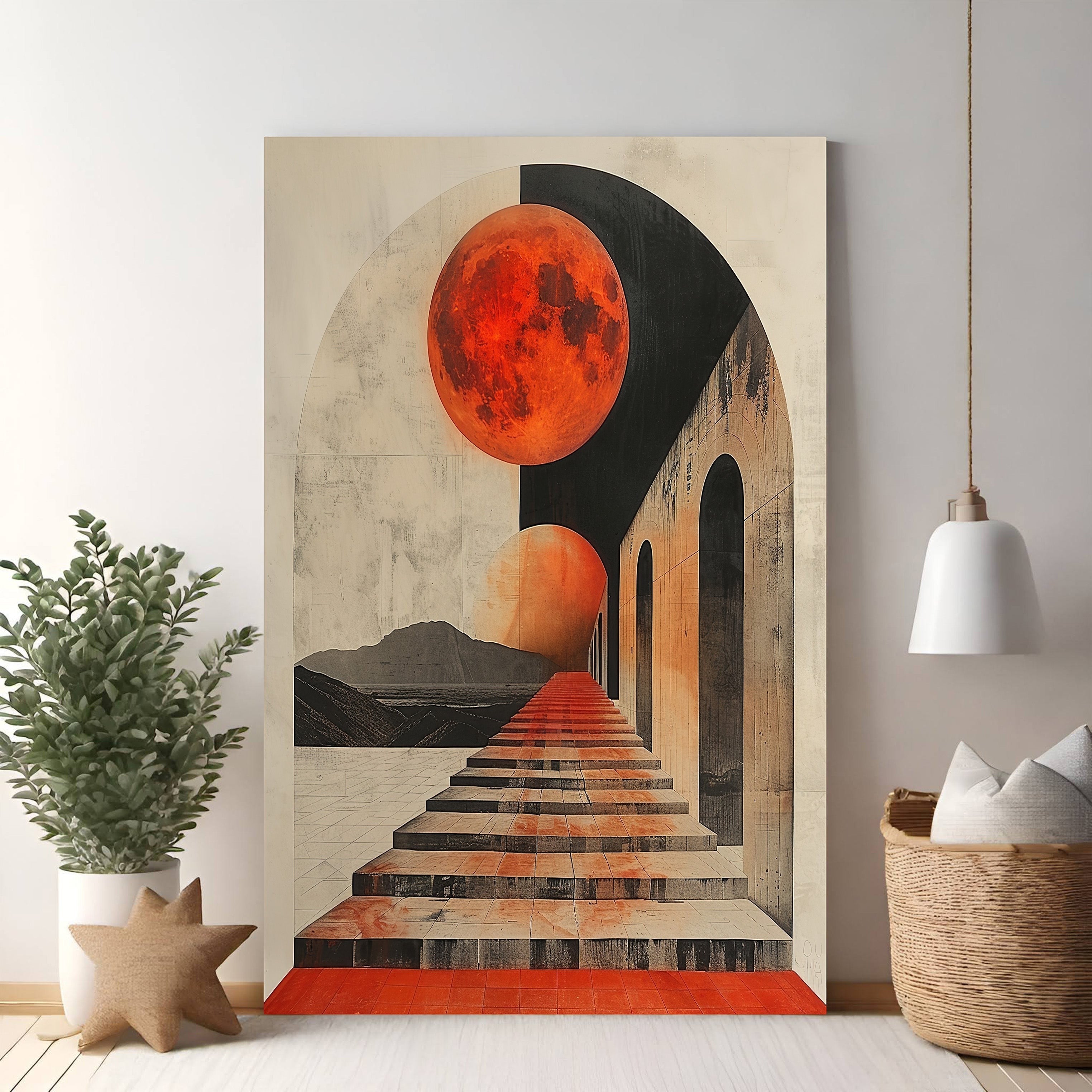Surreal Archway With Red Moon And Steps