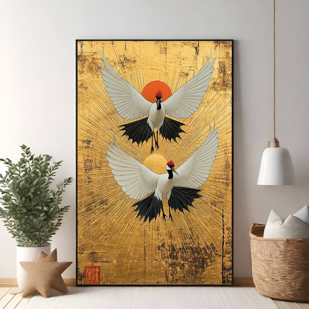 Two Cranes With Rising Sun Artwork
