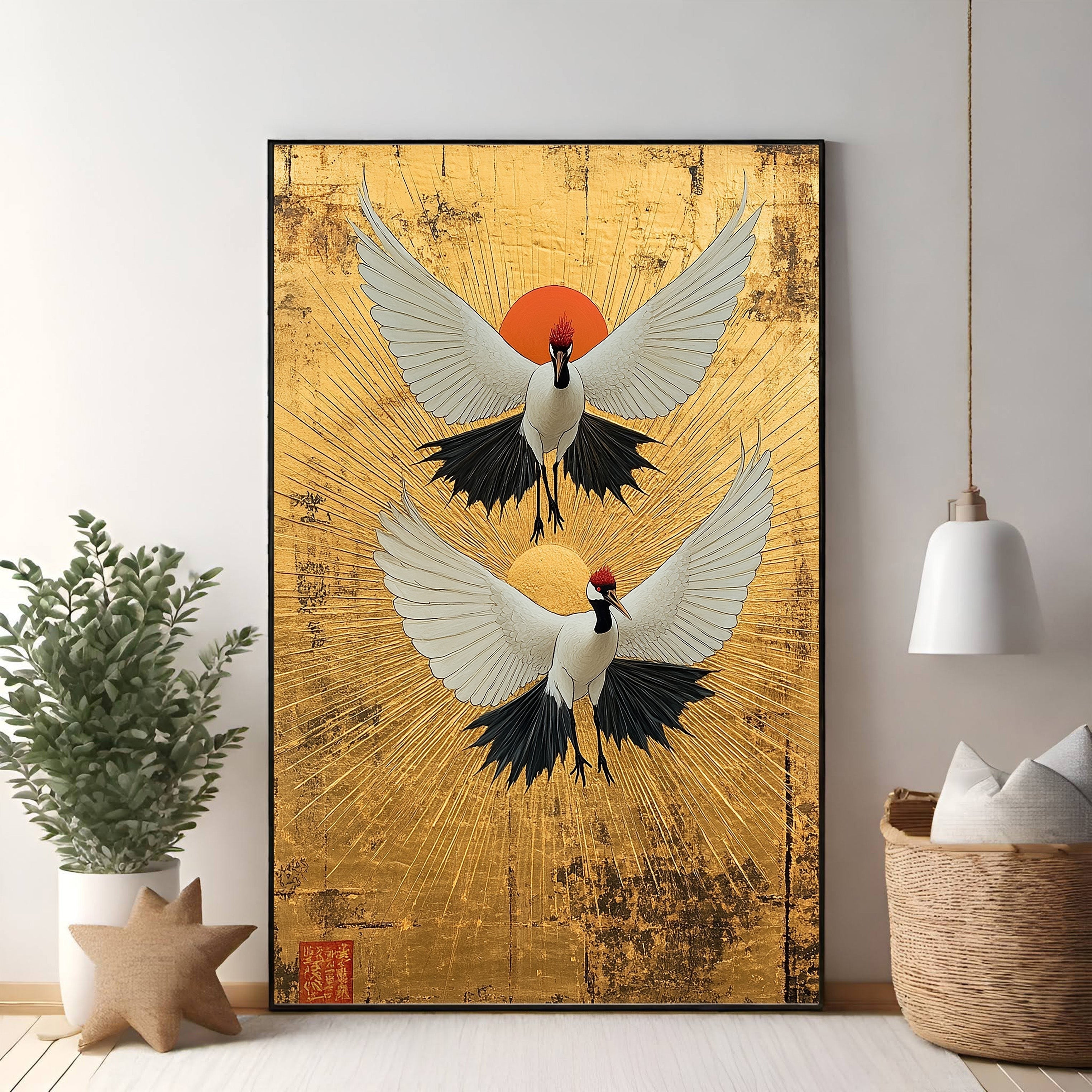 Two Cranes With Rising Sun Artwork