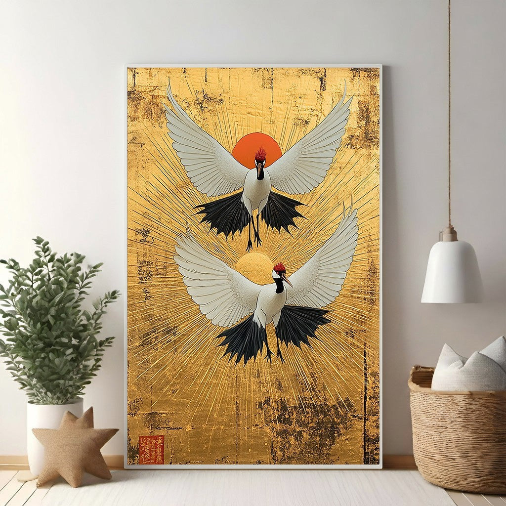 Two Cranes With Rising Sun Artwork