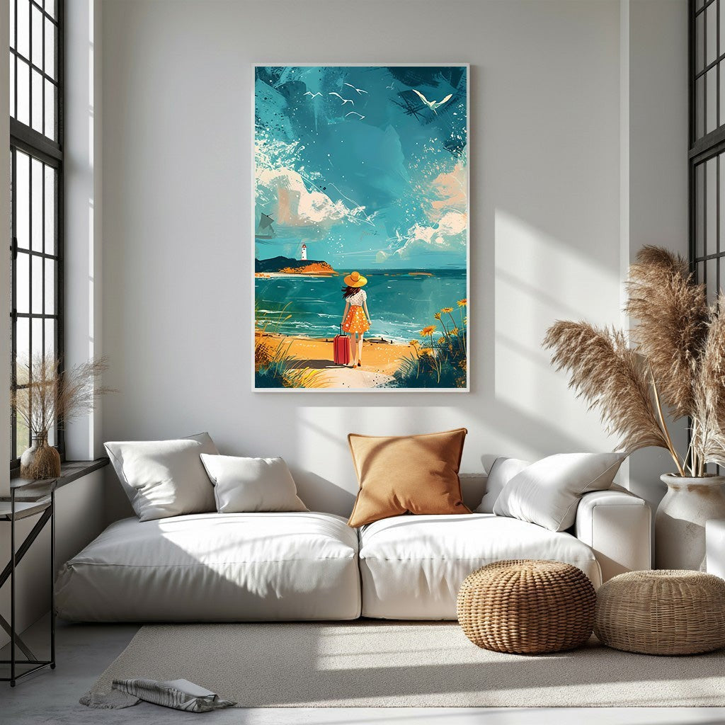 Woman With Suitcase On Beach Wall Art