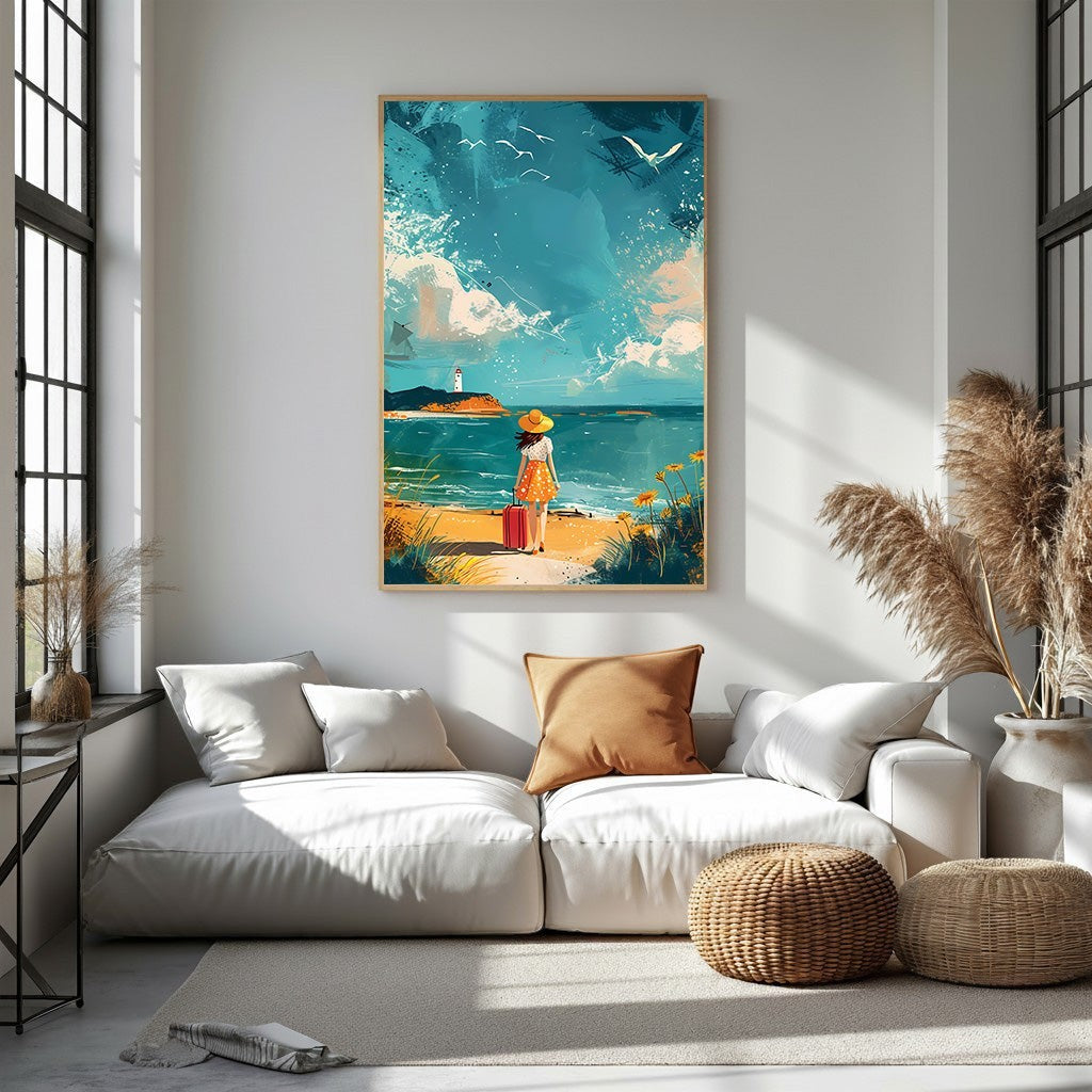 Woman With Suitcase On Beach Wall Art